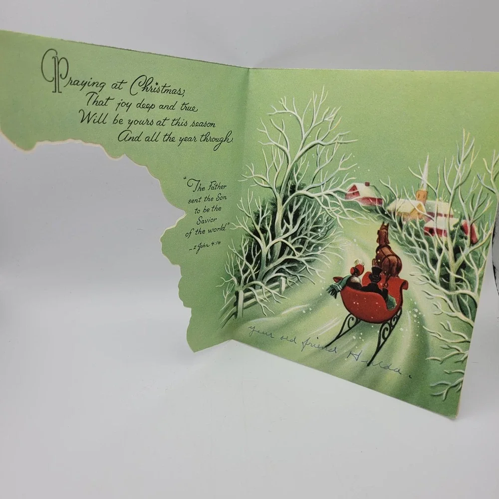 Vintage‎ Religious Christmas Card Horse Drawn Sleigh Scene Glitter Sunshine Line